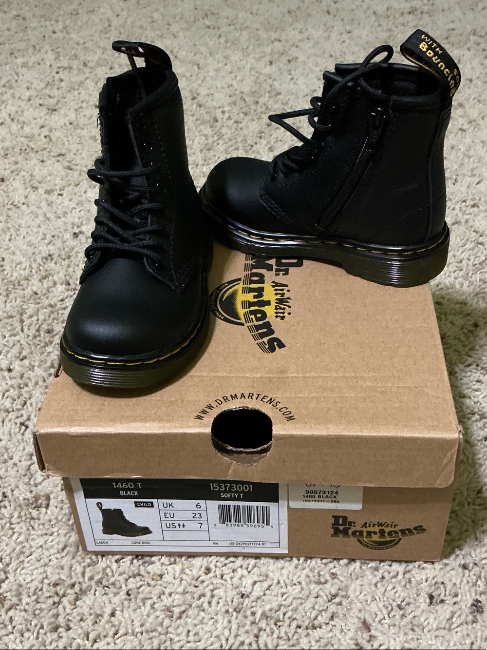 Dr. Martens Kids Black Lace-Up Combat Boots with Yellow Stitching